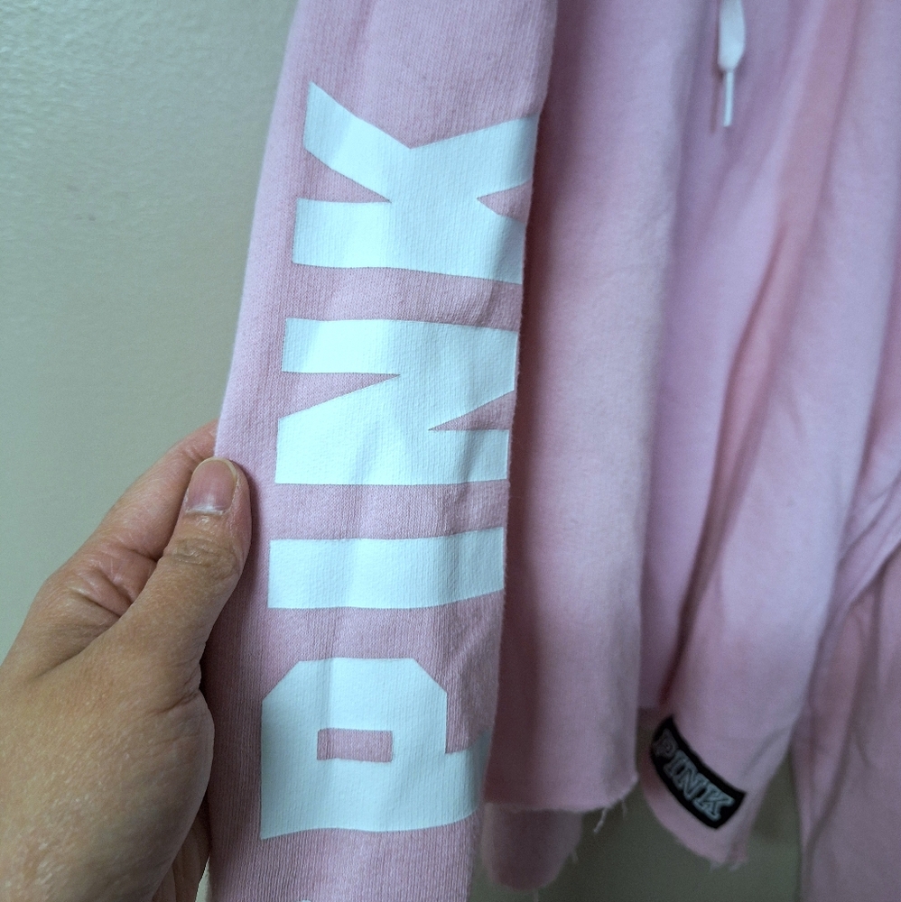 Pink Victoria's Secret Cut Out Cold Shoulder Long Sleeve Crop Hoodie Sweatshirt - Picture 2 of 8